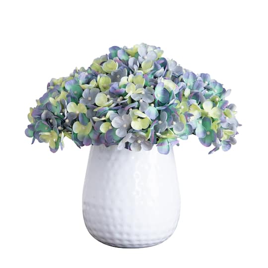 11" Blue Hydrangea Arrangement in White Metal Vase